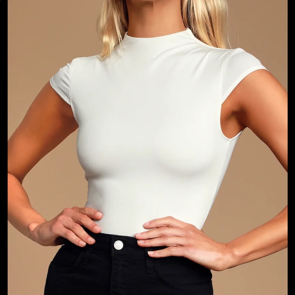 Lulu’s Sleek Style White Funnel Neck Bodysuit